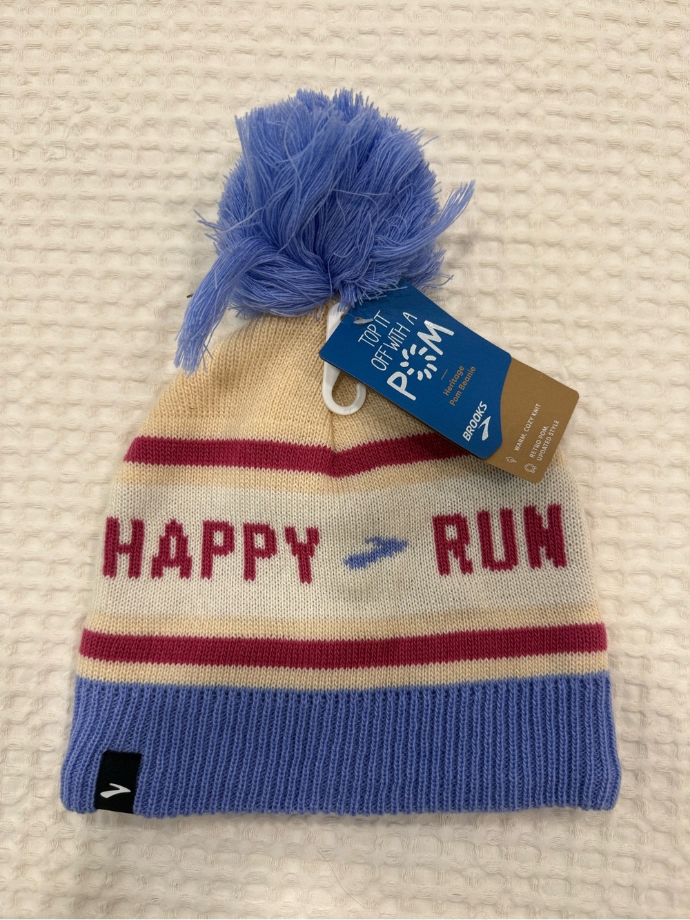 Brooks Brothers Cream & Blue 'HAPPY RUN' Pom Beanie